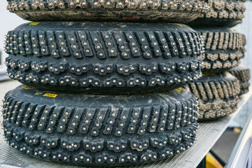 group of studded snow tires for rally for use in winter rally stages