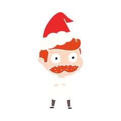 flat color illustration of a man with mustache shocked wearing santa hat