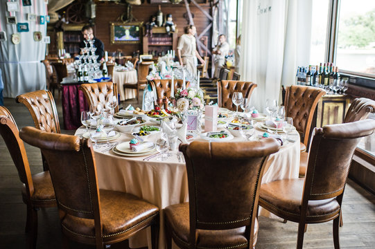 Served Round Table, Dinner In A Luxurious Restaurant