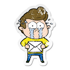 distressed sticker of a cartoon crying man receiving letter