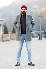Hipster outfit and hat accessory. Stylish casual outfit spring season. Menswear and male fashion...