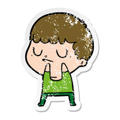 distressed sticker of a cartoon grumpy boy