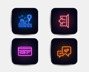 Neon glow lights. Set of Sign out, Credit card and Roller coaster icons. Approve sign. Logout, Card payment, Attraction park. Accepted message.  Neon icons. Glowing light banners. Vector