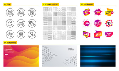 Seamless pattern. Shopping mall banners. Set of Customer satisfaction, Support and Parking icons. Wallet, Approved mail and Creative painting signs. Vector