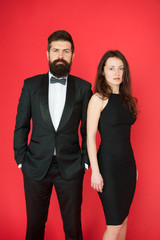 Award ceremony concept. Bearded gentleman wear tuxedo girl elegant dress. Formal dress code. Visiting event or ceremony. Couple ready for award ceremony. Main rules picking clothes. Corporate party