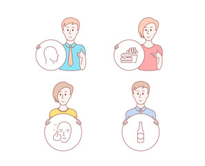 People hand drawn style. Set of Healthy face, Head and Burger icons. Beer bottle sign. Healthy cosmetics, Human profile, Cheeseburger. Craft beer.  Character hold circle button. Man with like hand