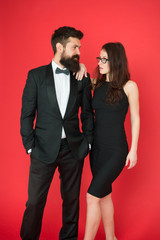 Formal dress code. Visiting event or ceremony. Couple ready for award ceremony. Main rules picking clothes. Corporate party. Award ceremony concept. Bearded gentleman wear tuxedo girl elegant dress