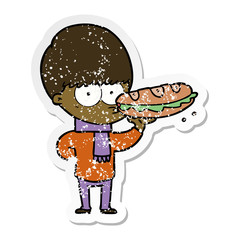 distressed sticker of a nervous cartoon boy with sandwich
