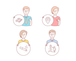 People hand drawn style. Set of Keywords, Parking and Smoking icons. Fireworks sign. Pencil with key, Park pointer, Cigarette. Party pyrotechnic.  Character hold circle button. Man with like hand