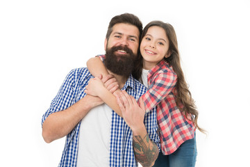 Little girl child love father. Happy family, happy child. Bearded man father with child. Fathers...