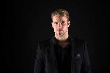 Fototapeta premium Young and experienced. Self employed businessman looking fashionable. Business couch or expert. Office worker. Man of business. Business man in formal wear. Handsome man in business style, copy space