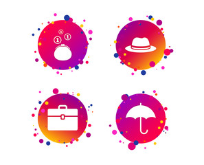 Clothing accessories icons. Umbrella and headdress hat signs. Wallet with cash coins, business case symbols. Gradient circle buttons with icons. Random dots design. Vector