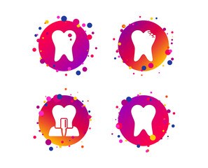 Dental care icons. Caries tooth sign. Tooth endosseous implant symbol. Gradient circle buttons with icons. Random dots design. Vector