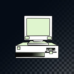An old retro vintage computer from the 70s, 80s, 90s on a translucent, dark, squared gray background of squares. Vector illustration
