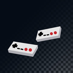 Old retro vintage gaming joysticks for video games from the 70s, 80s, 90s on a translucent, dark, checkered gray background of squares. Vector illustration