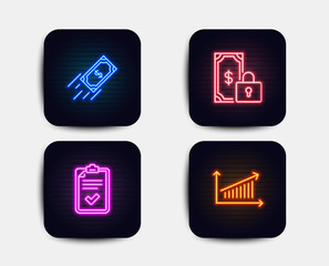 Neon glow lights. Set of Private payment, Fast payment and Checklist icons. Chart sign. Secure finance, Finance transfer, Survey. Presentation chart.  Neon icons. Glowing light banners. Vector