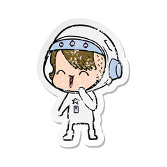 distressed sticker of a happy cartoon space girl