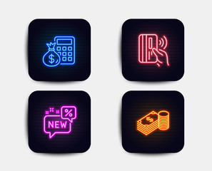 Neon glow lights. Set of New, Contactless payment and Finance calculator icons. Savings sign. Discount, Bank money, Calculate money. Finance currency.  Neon icons. Glowing light banners. Vector