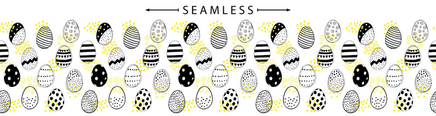 Vector horizontal seamless border with easter eggs doodles. Holiday background