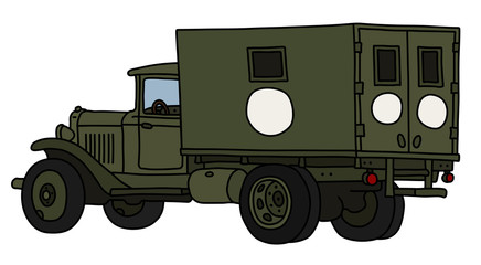 Obraz premium The vectorized hand drawing of an old military ambulance truck
