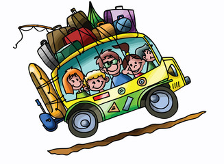 Cartoon family going to summer camp with their car fully loaded vector illustration