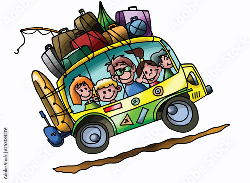 Cartoon family going to summer camp with their car fully loaded vector illustration