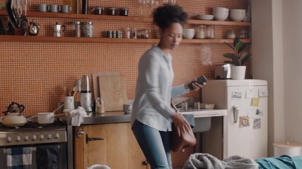 beautiful young woman getting ready leaving apartment late for work