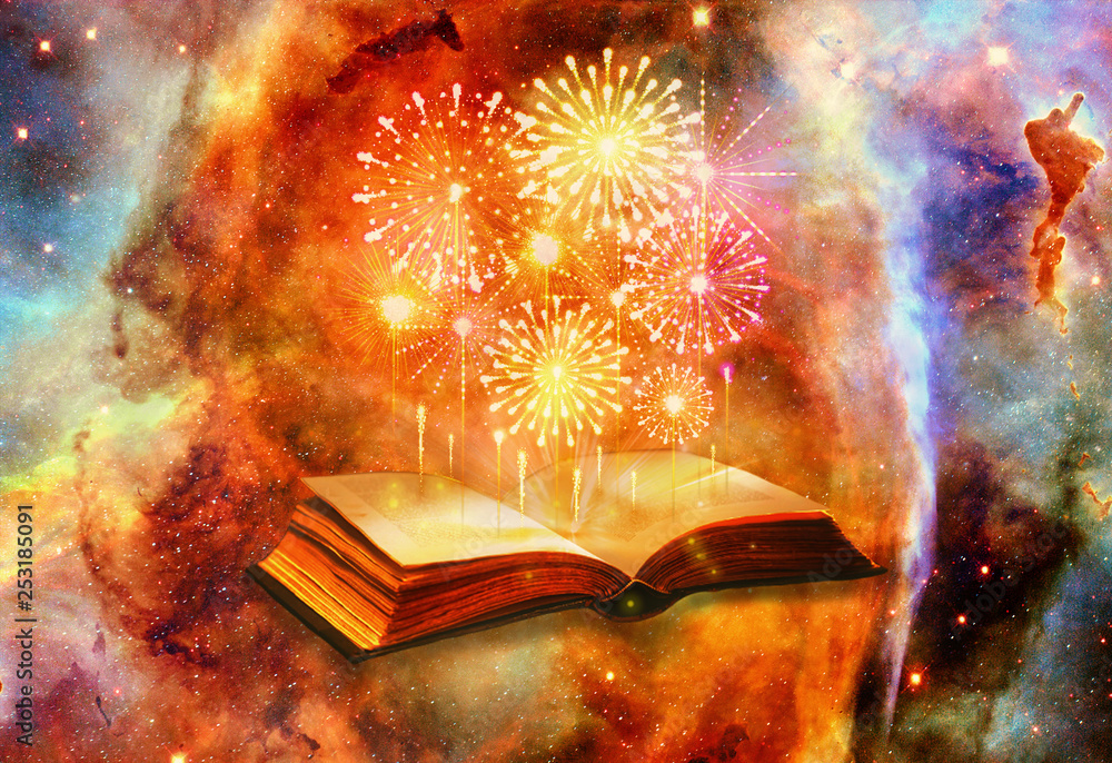 Poster artistic 3d computer generated illustration of fireworks coming out of an ancient magical book in a 