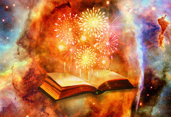 Artistic 3d Computer Generated Illustration Of Fireworks Coming Out Of An Ancient Magical Book In a Nebula Background