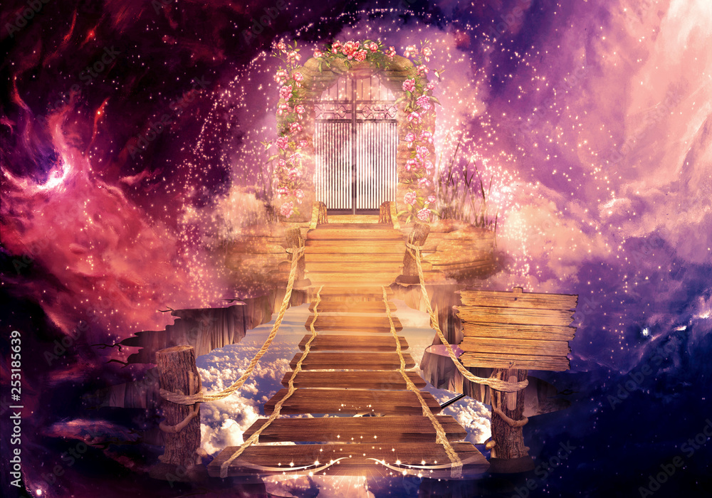 Poster artistic colorful 3d rendering computer generated illustration of a heaven gate that leads to anothe