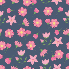 vector seamless pattern with pink flowers and birds on a dark background
