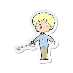retro distressed sticker of a cartoon boy with key