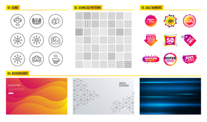 Seamless pattern. Shopping mall banners. Set of Laureate award, Taxi and Networking icons. Multichannel, Survey check and Euro money signs. Paint brush, Victory and Doppio symbols. Vector