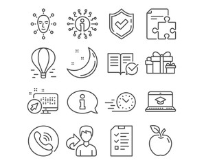 Set of Fast delivery, Face biometrics and Strategy icons. Approved documentation, Interview and Information signs. Website education, Holiday presents and Air balloon symbols. Vector