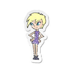 retro distressed sticker of a cartoon girl with hands on hips
