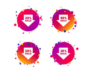Sale arrow tag icons. Discount special offer symbols. 10%, 20%, 30% and 40% percent sale signs. Gradient circle buttons with icons. Random dots design. Vector