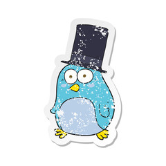 retro distressed sticker of a cartoon bird wearing top hat