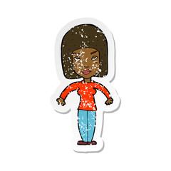 retro distressed sticker of a cartoon woman shrugging shoulders