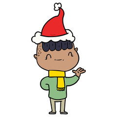 line drawing of a friendly boy wearing santa hat