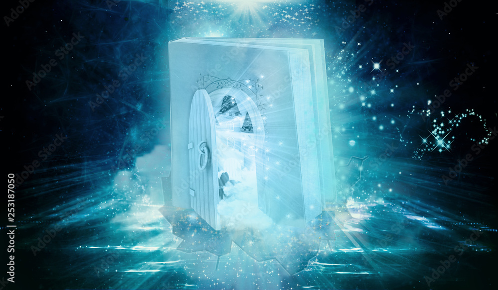 Poster unique artistic colorful 3d rendering computer generated illustration of a book shaped gate with an 