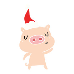 flat color illustration of a content pig wearing santa hat