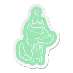 cartoon  sticker of a wolf laughing wearing santa hat