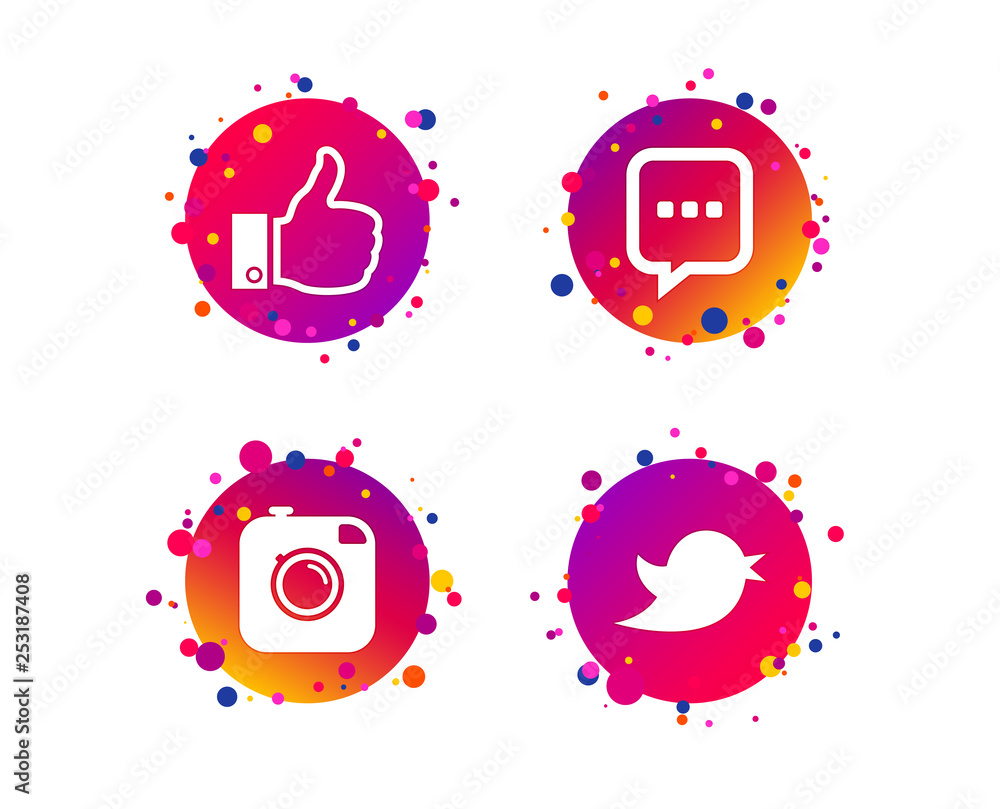 Poster hipster photo camera icon. like and chat speech bubble sign. hand thumb up. bird symbol. gradient ci