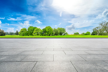 Empty square floor and green forest in summer season