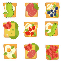 Set of sandwiches with different ingredients. Toast with avocado, salami, cheese, salmon, berries, strawberry, fig. Healthy food. Vector illustration.
