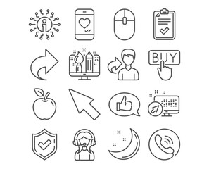 Set of Love chat, Creative design and Mouse cursor icons. Buying, Feedback and Support signs. Checklist, Computer mouse and Share symbols. Smartphone, Designer, Click arrow. Vector