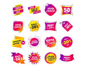 Sale banner templates design. Special offer tags. Cyber monday sale discounts. Black friday shopping icons. Best ultimate offer. Super shopping discount icons. Vector