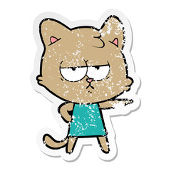 distressed sticker of a bored cartoon cat pointing
