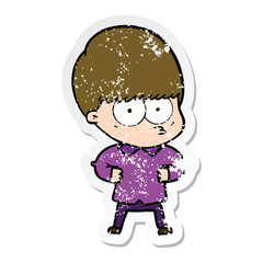 distressed sticker of a curious cartoon boy
