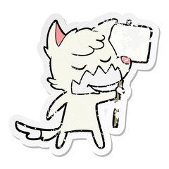 distressed sticker of a friendly cartoon fox